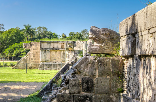 Jaguar heads of the Venus Platform at Ancient Maya Ruins of Chichen Itza - Yucatan, Mexico