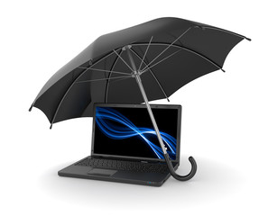Black umbrella over laptop