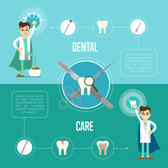 Dental care banner with male dentist in medical uniform and superhero cape on green background with instrument and teeth icons, vector illustration. Oral hygiene, tooth health. Dentistry infographics