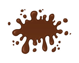Chocolate splash blot with drops. Chocolate blot with melting effect. Vector abstract spot on white background.