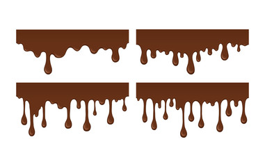 Vector set of brown liquid drops and blots. Collection of splashes liquid and blobs. Melted chocolate drips and flowing. Abstract shapes isolated on white background.