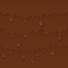 Background of flowing dark chocolate. Splash of melt brown sweet liquid. Melted chocolate drips and flowing. Abstract vector illustration
