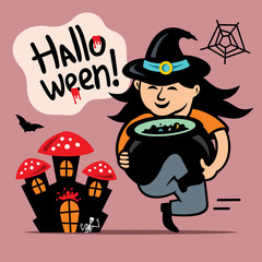 Vector Halloween Witch with cauldron Cartoon Illustration.