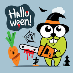 Vector Halloween Crazy Rabbit in witch hat Cartoon Illustration.