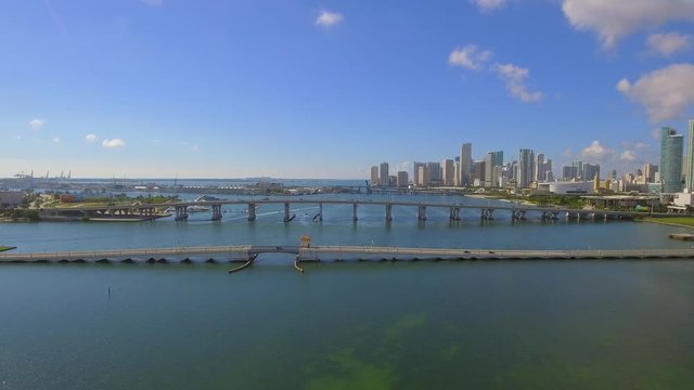 Stock aerial video of Downtown Miami and bridges