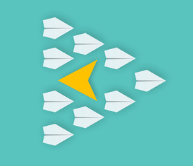 uniqueness concept, paper airplane with leading arrow