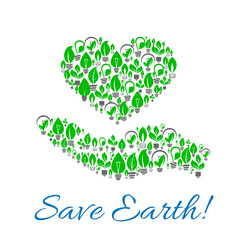 Hand with heart made up of light bulbs with leaves