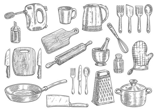 Premium Vector  A set of hand-drawn kitchen tools. cute cooking and baking  elements. hand-drawn vector illustration