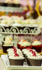 Sweet wedding cupcakes./ Sweet beauty and topping pastel color on wedding cake decoration.
