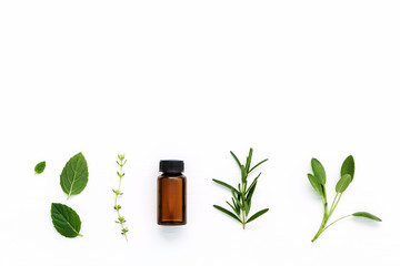 Bottle of essential oil with  fresh herbal sage, rosemary, thyme - obrazy, fototapety, plakaty