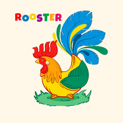 Colorful rooster hand drawn vector illustration for kids. Rooster the symbol of 2017 new year on Chinese horoscope. Card for children with bright cockerel