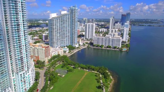 Aerial footage of highrise waterfront construction at Edgewater Miami