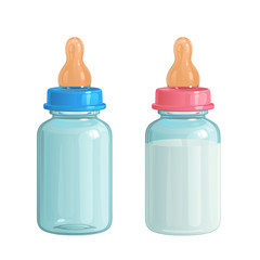 две детских бутылочки с сосками, одна пустая, другая полная молока