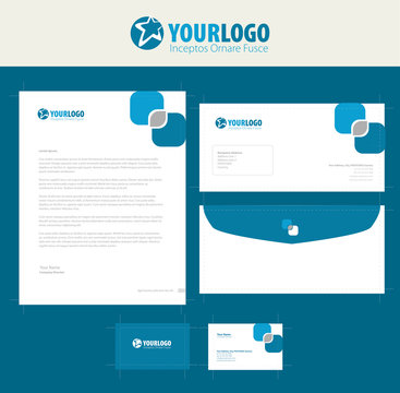 corporate stationery template design with green square elements