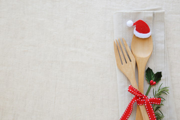 Christmas table place setting, holidays copy space background