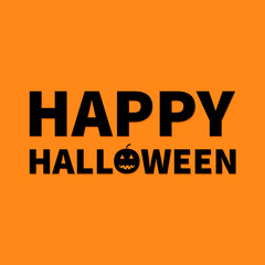 Happy Halloween Lettering text banner with smiling black pumpkin silhouette. Greeting card. Flat design. Orange baby background