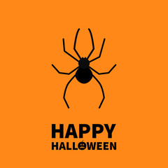 Cute cartoon black spider insect. Happy Halloween greeting card. Flat design. Orange background.