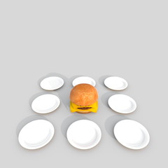 3d illustration rendering of multiple plates square grid with ham burger in the center