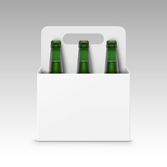 Closed Blank Glass Transparent Green Bottles of Light Beer with Packaging for Branding Close up on White Background