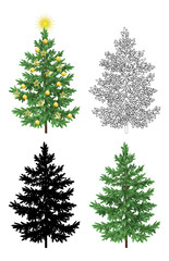 Fototapeta premium Set of Christmas Trees, with Holiday Decorations, Gold Stars and Balls, Green Naturalistic and Black Outlines Contours and Silhouettes Isolated On White Eps10, Contains Transparencies. Vector