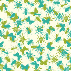 Seamless pattern for pillow with turqiouse and green insects silhouettes. Vector illustration