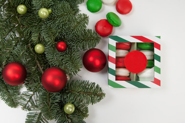 Fototapeta na wymiar New Year Christmas cookies and Christmas decorations with a fir tree on a white background