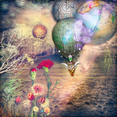 Fairytales country with hot air balloon and red carnations © Rosario Rizzo