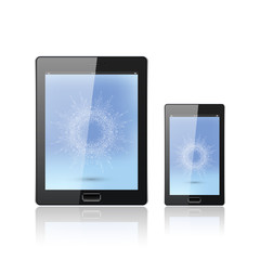 Modern digital tablet PC with mobile smartphone isolated on the white. Molecule and communication background. Science concept. Vector Illustration.