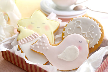 Delicious baby shower cookies, closeup - obrazy, fototapety, plakaty