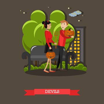 Couple in devils costume. Happy halloween holiday concept poster. Vector illustration in flat style design