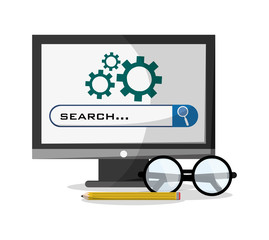 Computer search glasses and pencil icon. Social media marketing communication theme. Colorful design. Vector illustration