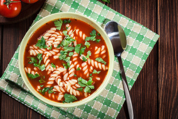 Tomato soup noodles in the bowl