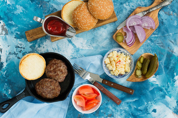 Ingredients for homemade tasty burgers. Top view