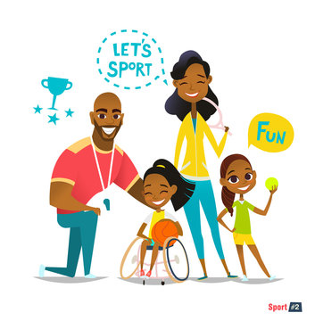 Sports family portrait. Handicapped Kid in wheelchairs playing ball and have fun. Coaching young sportsmen's. Medical rehabilitation concept. Vector Illustration.