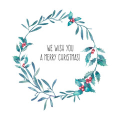 Watercolor Merry Christmas and Happy New year wreath. Hand drawn floral frame with traditional plants decor: mistletoe, holly leaves and berries. Holiday illustration isolated on white background
