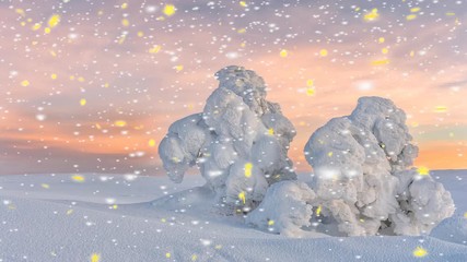 Beautiful winter sunset with falling snow , artistic yellow snowflakes and a glowing orange sky over a cold snowy landscape - Powered by Adobe