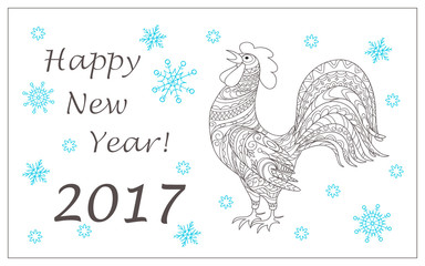 Fototapeta na wymiar Christmas card with hand drawn decorated rooster