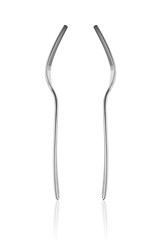 two metal fork closeup on a white background with reflection