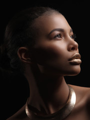 Fashion studio portrait of an extraordinary beautiful nude african american model with perfect...