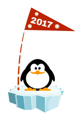 Vector illustration of a little penguin on the ice with a flag.