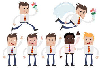 Set Cartoon businessmen in different poses and emotions. Busines