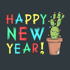 Happy New Year. Vector card with cactus, garland and inscription.