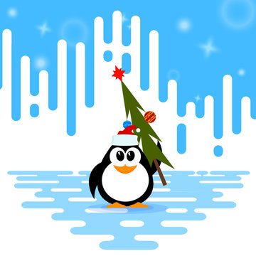 Vector illustration of a cute little penguin in the cap of Santa
