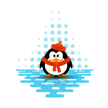 Vector illustration of a cute little penguin wearing a hat and a
