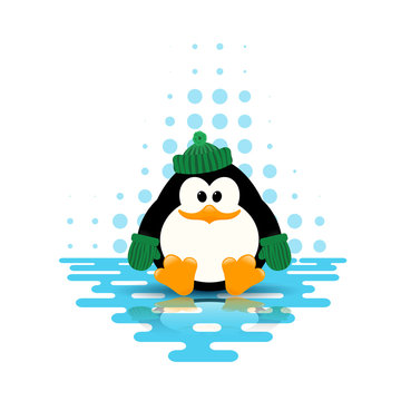Vector illustration of a cute little penguin in a green hat and