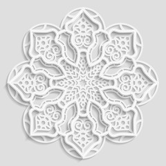 Lace 3D mandala, round symmetrical openwork pattern, lacy doily, decorative  snowflake, arabic ornament, indian ornament, embossed pattern, decorative design element,  vector