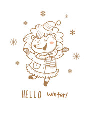 Card with cute cartoon hedgehog  in coat and hat. Winter time. Snow day. little creatures in clothes. Funny animal. Vector contour image no fill. Children's illustration.