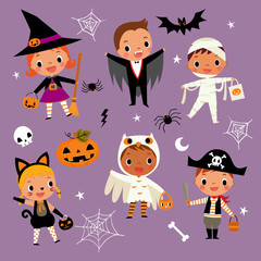 illustration set of cute happy cartoon children in colorful halloween costumes.witch, vampire, cat,owl, dracula, pirate, mummy, pumpkin, spider