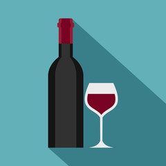 Glass and bottle of red wine icon. Flat illustration of glass and bottle of wine vector icon for web