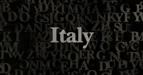 Italy - 3D rendered metallic typeset headline illustration.  Can be used for an online banner ad or a print postcard.